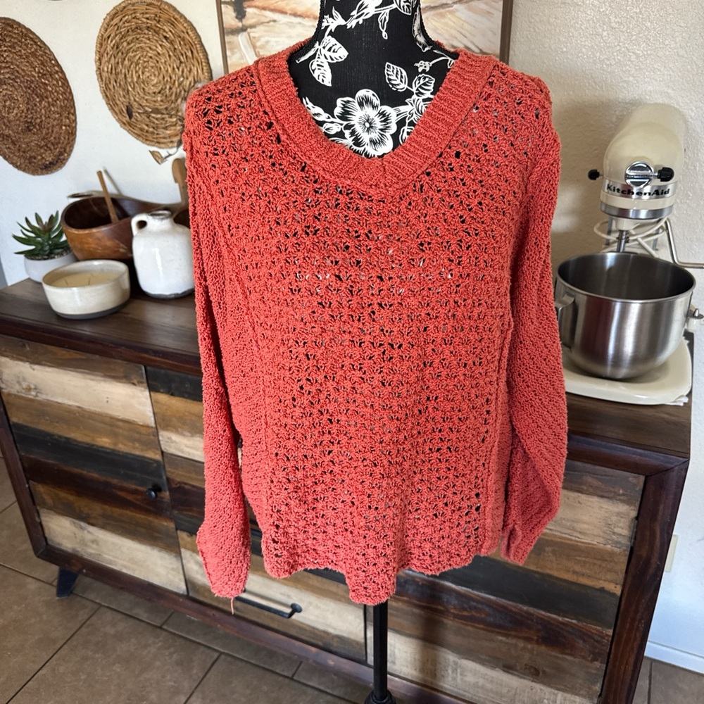 Free People Open-Knit V-Neck Sweater in Terracotta